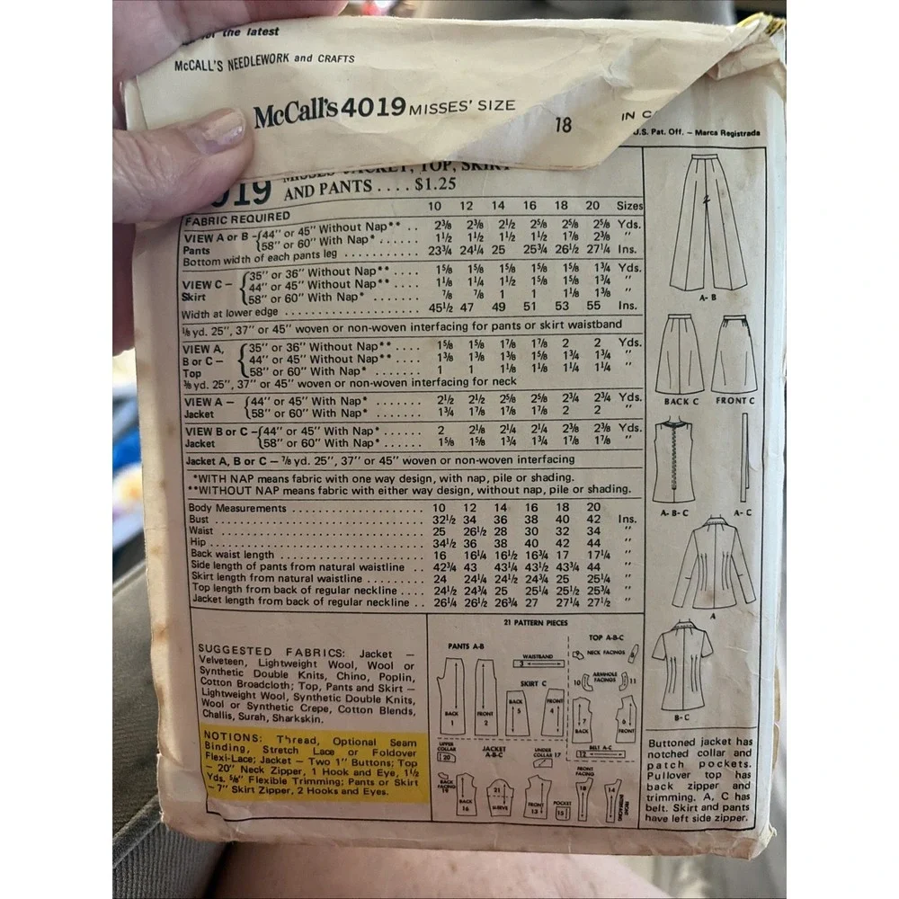 4019 Vintage McCalls SEWING Pattern Misses 1970s Jacket Skirt Top Pants 18 Cut